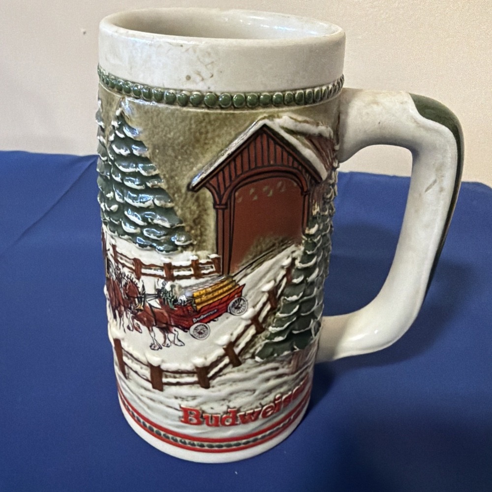 1984 Ceramarte Holiday‎ Clydesdale Covered Bridge Budweiser Beer Stein